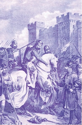 Rendición de Sevilla a Fernando III. Litografía de Serra (s. XIX). Historia de España Ilustrada. Rafael del Castillo