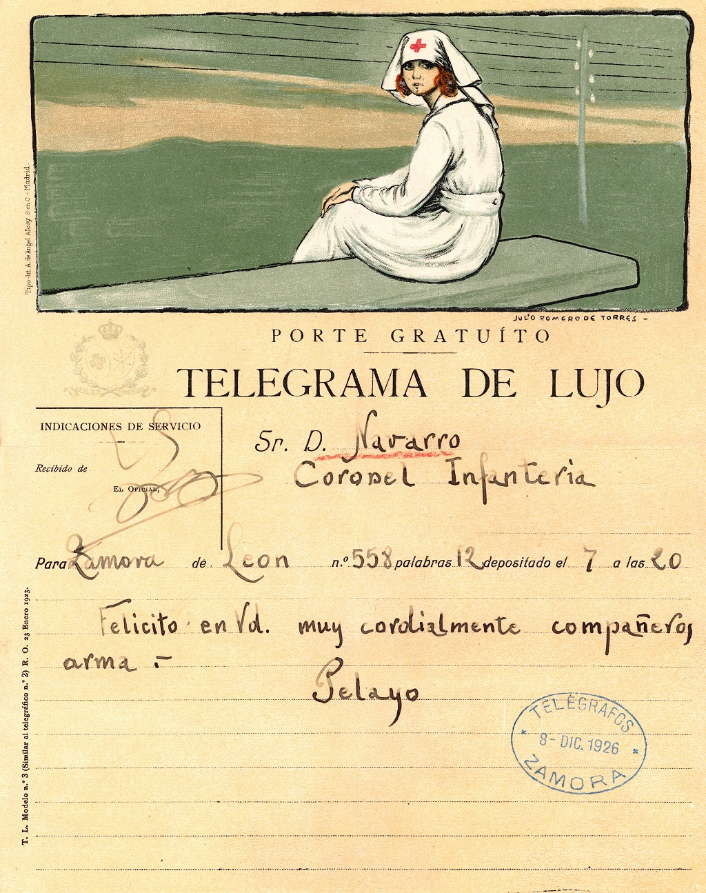 Telegrama del pintor Julio Romero de Torres