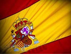 bandera de españa. rojo, gualda, rojo, con escudo constitucional