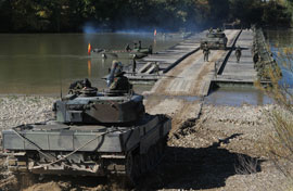 A Leopard tank crosses the Floating Bridge