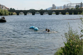 Swimming leg with equipment on the Umia River