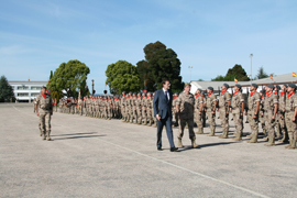 The Prime Minister accompanied by the Chief of the Army Staff reviewing the formation. 