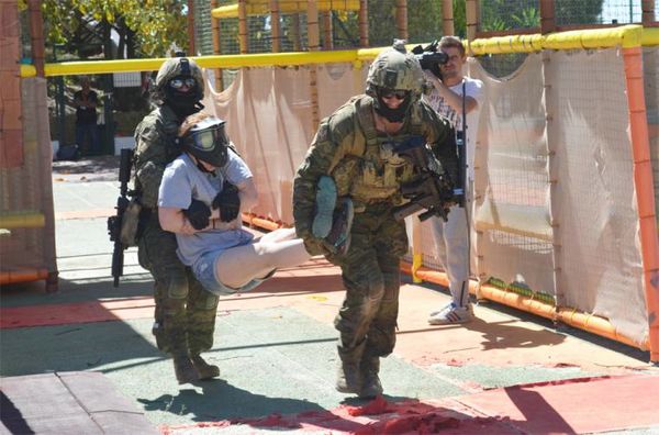 Practising removing an injured person during the course