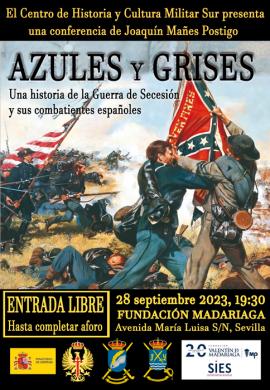 cartel de la conferencia azules y grises
