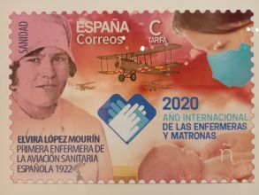 ELVIRA LÓPEZ MOURÍN, primera enfermera de la aviación sanitaria española, 1922. Sello conmemorativo
