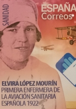 Sello conmemorativo de la Sanidad Militar. A la izquierda, ELVIRA LÓPEZ MOURÍN, primera enfermera de la Aviación Sanitaria española. 1922.