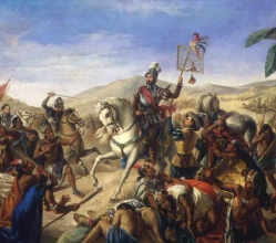 Batalla de Otumba (Méjico). Óleo de Antonio Gómez Cris-1852. Hernán Cortés recibe el estandarte azteca. Museo del Ejército.