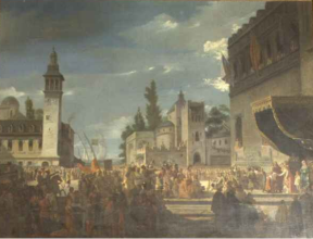 Cristóbal Colón es recibido en Barcelona por los Reyes Católicos, tras su regreso. Óleo sobre lienzo de Francisco García Ibáñez. 1858. Museo del Ejército.