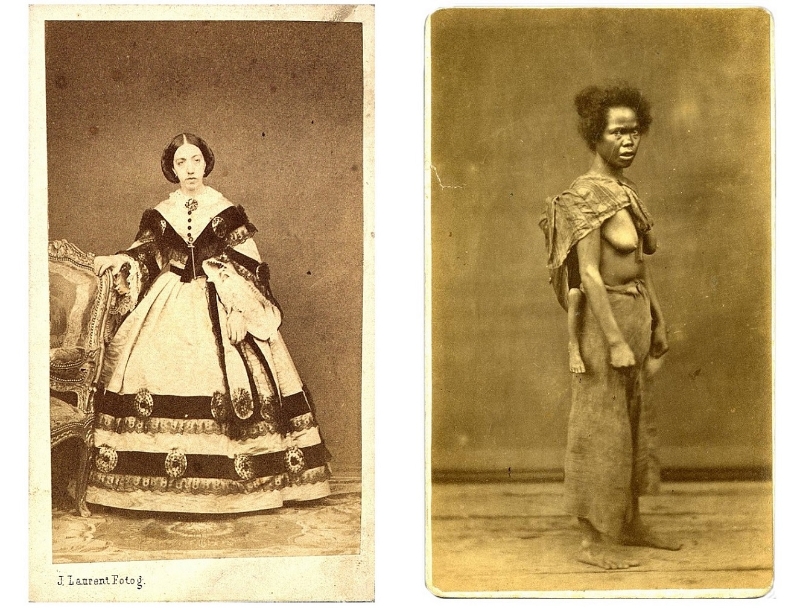 Retrato de la infanta María Cristina de Borbón y, al lado, el de una mujer filipina.