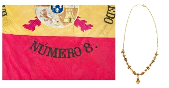 dos ejemplos de reutilización de objetos: huellas de bordados en una bandera y collar de la Real Orden de Isabel la Católica modificado.