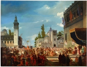 Cristótal Colón es recibido por los Reyes Católicos en Barcelona, a la vuelta de su primer viaje, en 1493. Óleo sobre lienzo. Autor: Francisco García Ibáñez, 1845. Museo del Ejército.