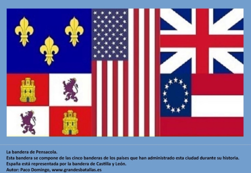Bandera de la ciudad de Pensacola, formada por 5 banderas (de los países que ayudaron). Se la conoce como "La ciudad de las cinco banderas". España está representada por la bandera de Castilla y León.