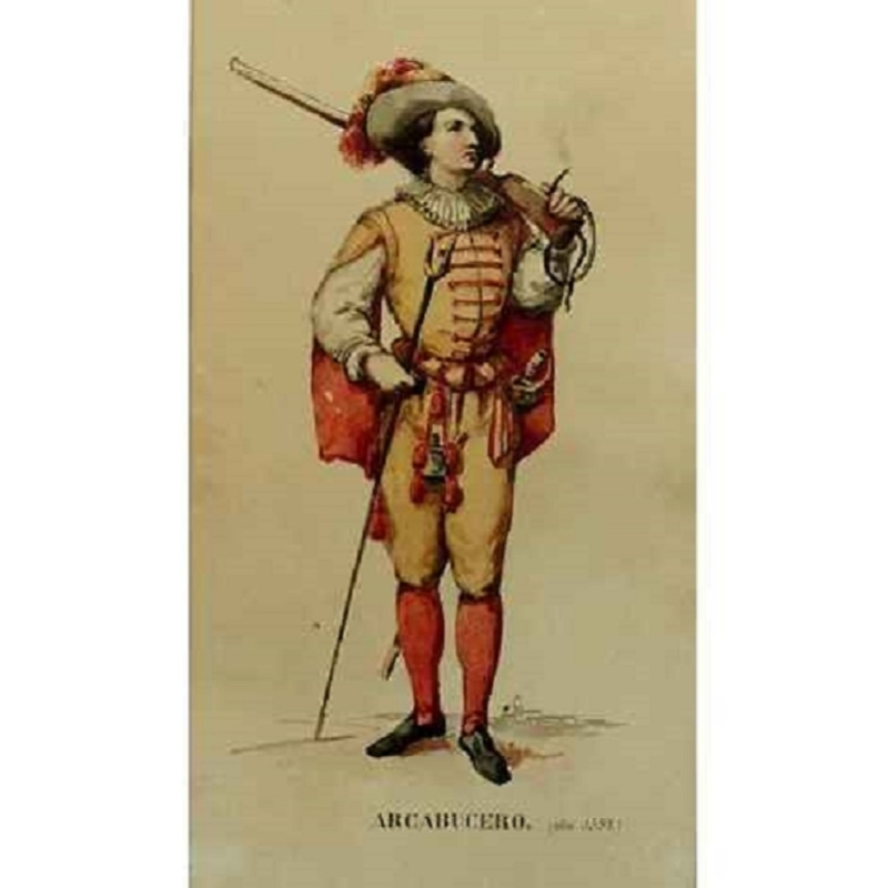 Acuarela. Arcabucero del reinado de Felipe II, con uniforme de 1598. Obra de 1900, de autor desconocido. Museo del Ejército.