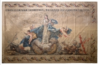 Bandera del 2º Batallón de Artilleros Urbanos, 1º de la Universidad y 5º de Milicianos Honrados del Reino de Valencia, en seda blanca y decorada al óleo por Vicente López