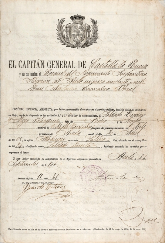 Licencia absoluta de un soldado de reemplazo.